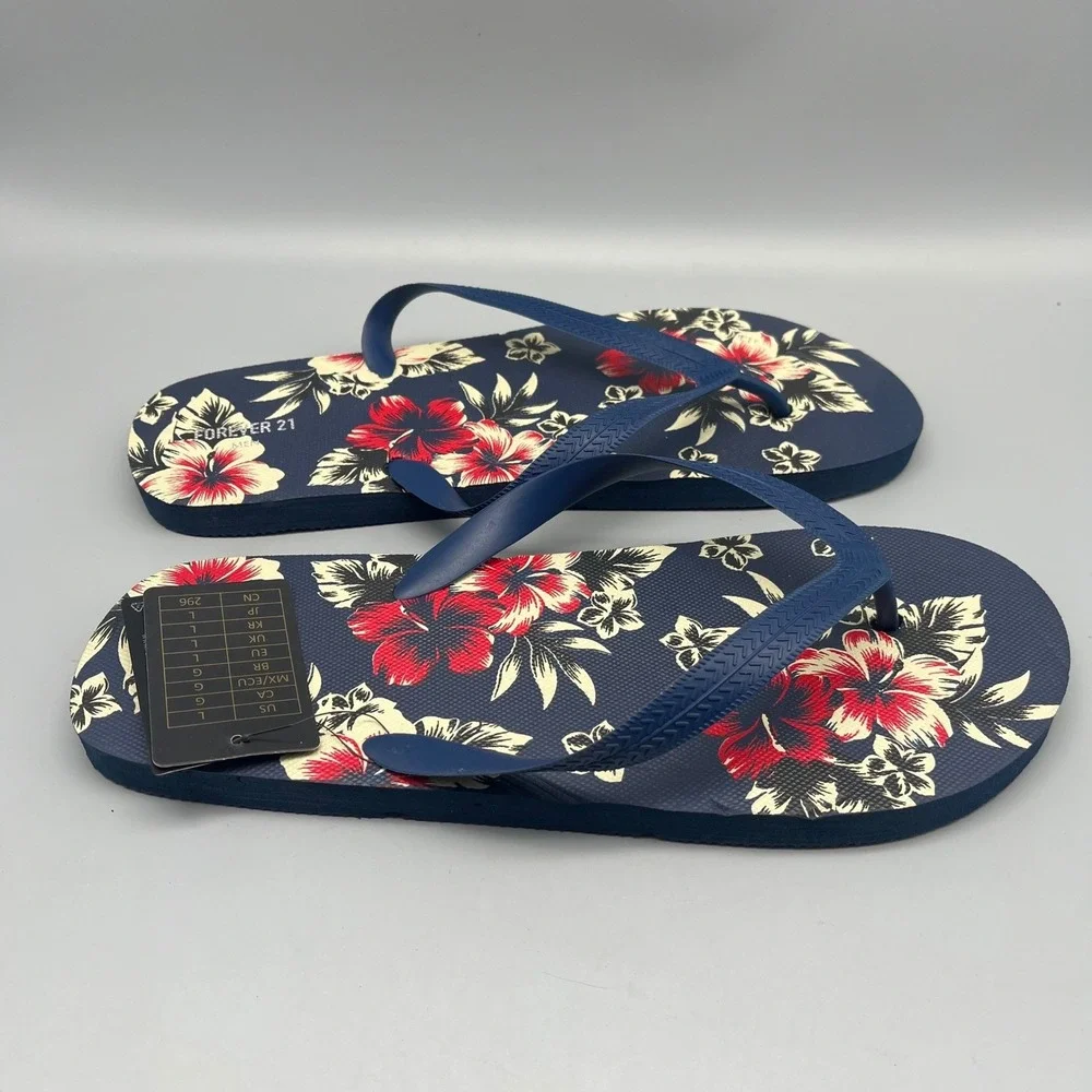 NWT Forever 21 Flip Flops Men's Large 45/46‎ Navy Blue Tropical Floral Hibiscus